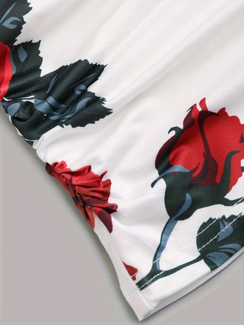 Rose Print Pleated Suspenders Butterfly Lace Cross Vest Women’s Tops